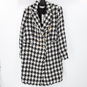 NWT Zara coat Womens XL tweed double breasted houndstooth gold buttons fringe